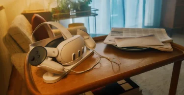 Un casque de réalité virtuelle Meta Quest posé sur son socle de recharge à côté de ses manettes, sur une table basse en bois avec du courrier et un journal, symbolisant l'abandon du métavers social Horizon Worlds en VR.