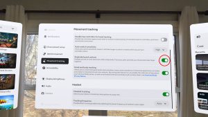 Capture d'écran de l'interface des paramètres du Meta Quest, section "Movement tracking", montrant l'interrupteur "Expanded quick actions" activé en vert et entouré d'un cercle rouge.