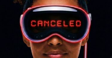 Femme portant un casque Apple Vision Pro entouré d'un halo lumineux rouge avec l'inscription CANCELED en lettres néon rouges affichée sur la visière, illustration symbolique de l'abandon du projet par Apple en avril 2026