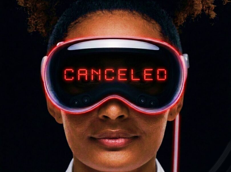 Femme portant un casque Apple Vision Pro entouré d'un halo lumineux rouge avec l'inscription CANCELED en lettres néon rouges affichée sur la visière, illustration symbolique de l'abandon du projet par Apple en avril 2026