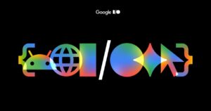 Logo officiel Google I/O 2026 sur fond noir avec pictogrammes Android, globe, Gemini et curseur