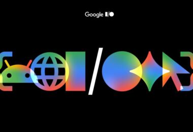 Logo officiel Google I/O 2026 sur fond noir avec pictogrammes Android, globe, Gemini et curseur