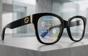 Concept des lunettes connectées Gucci avec logo GG doré sur la branche et affichage de réalité augmentée dans le verre montrant une navigation active vers un Gucci Flagship et un Google Store avec indication 250m