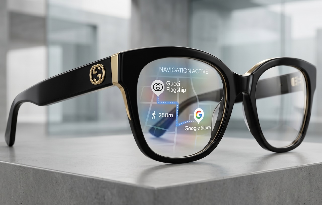 Concept des lunettes connectées Gucci avec logo GG doré sur la branche et affichage de réalité augmentée dans le verre montrant une navigation active vers un Gucci Flagship et un Google Store avec indication 250m