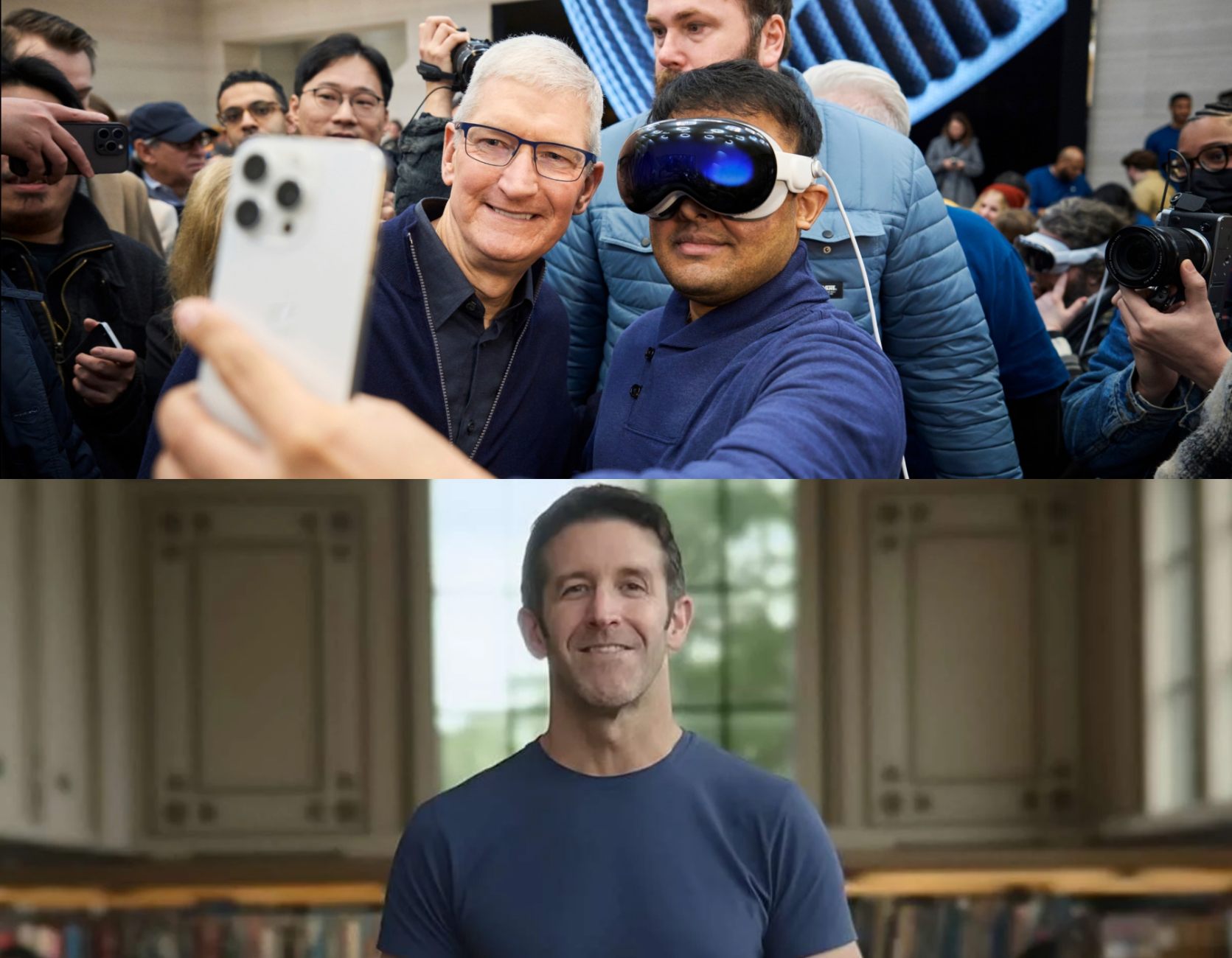 Montage photo en deux parties : en haut Tim Cook prenant un selfie avec un client portant le casque Apple Vision Pro lors du lancement officiel en 2024 entouré de photographes, en bas John Ternus futur CEO d'Apple posant en t-shirt bleu dans un cadre minimaliste, symbolisant la transition de leadership chez Apple