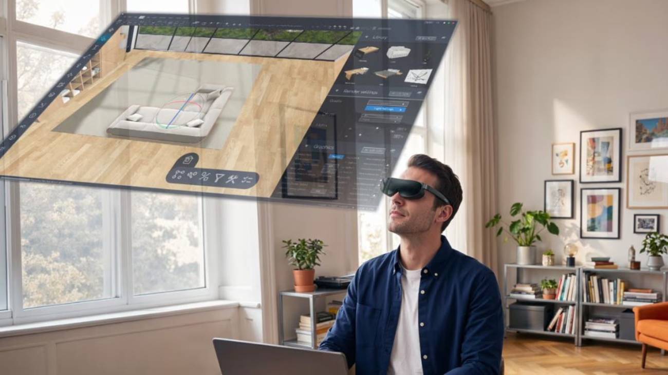 Homme portant les lunettes AR Acer AR Vision GR0 connectées à un ordinateur portable, avec un logiciel d'aménagement 3D affiché en écran virtuel géant flottant dans le salon