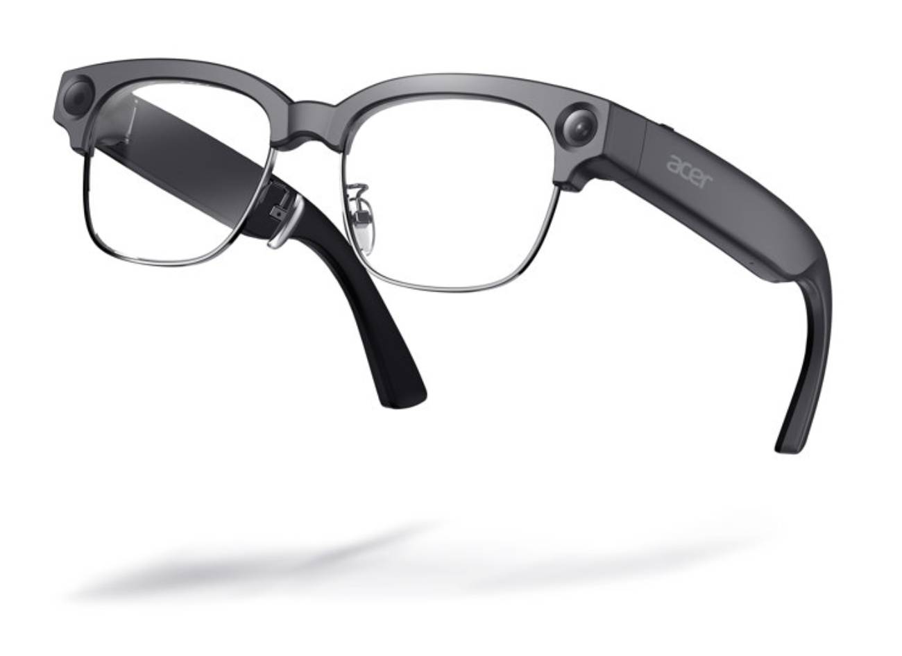 Lunettes IA Acer GI0 GI100 vue trois-quarts, monture browline grise façon lunettes classiques avec caméra 12 Mpx intégrée sur la branche droite et branches épaisses logeant batterie et microphones