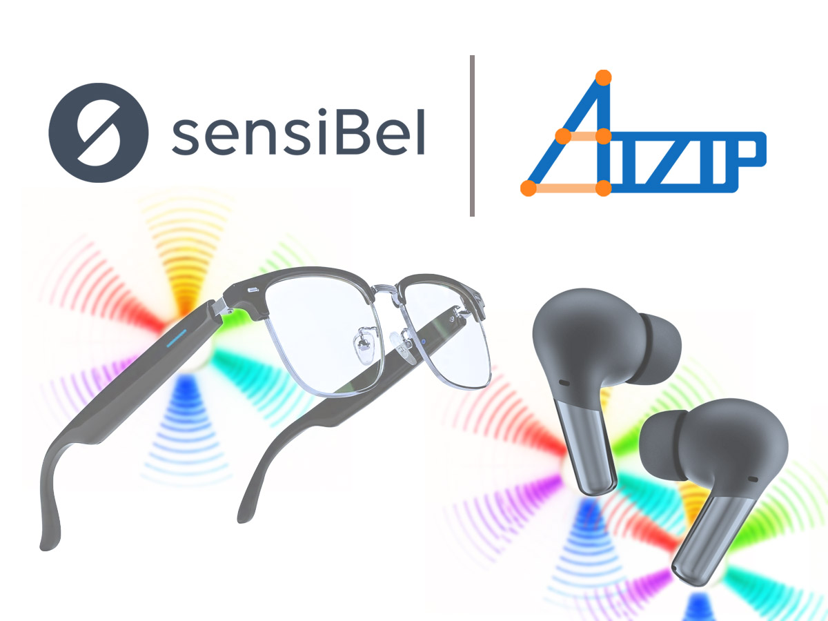 Logos sensiBel et Aizip au-dessus d'une paire de lunettes connectées et d'écouteurs true wireless entourés d'ondes sonores colorées, illustrant le partenariat micro MEMS optique et IA de beamforming embarquée.
