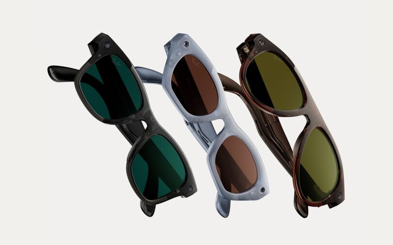 Lunettes connectées Ray-Ban Meta Gen 3 : Wayfarer noire verres verts, Zena bleu translucide verres bruns et Aviator écaille verres olive, avec caméra dans la monture